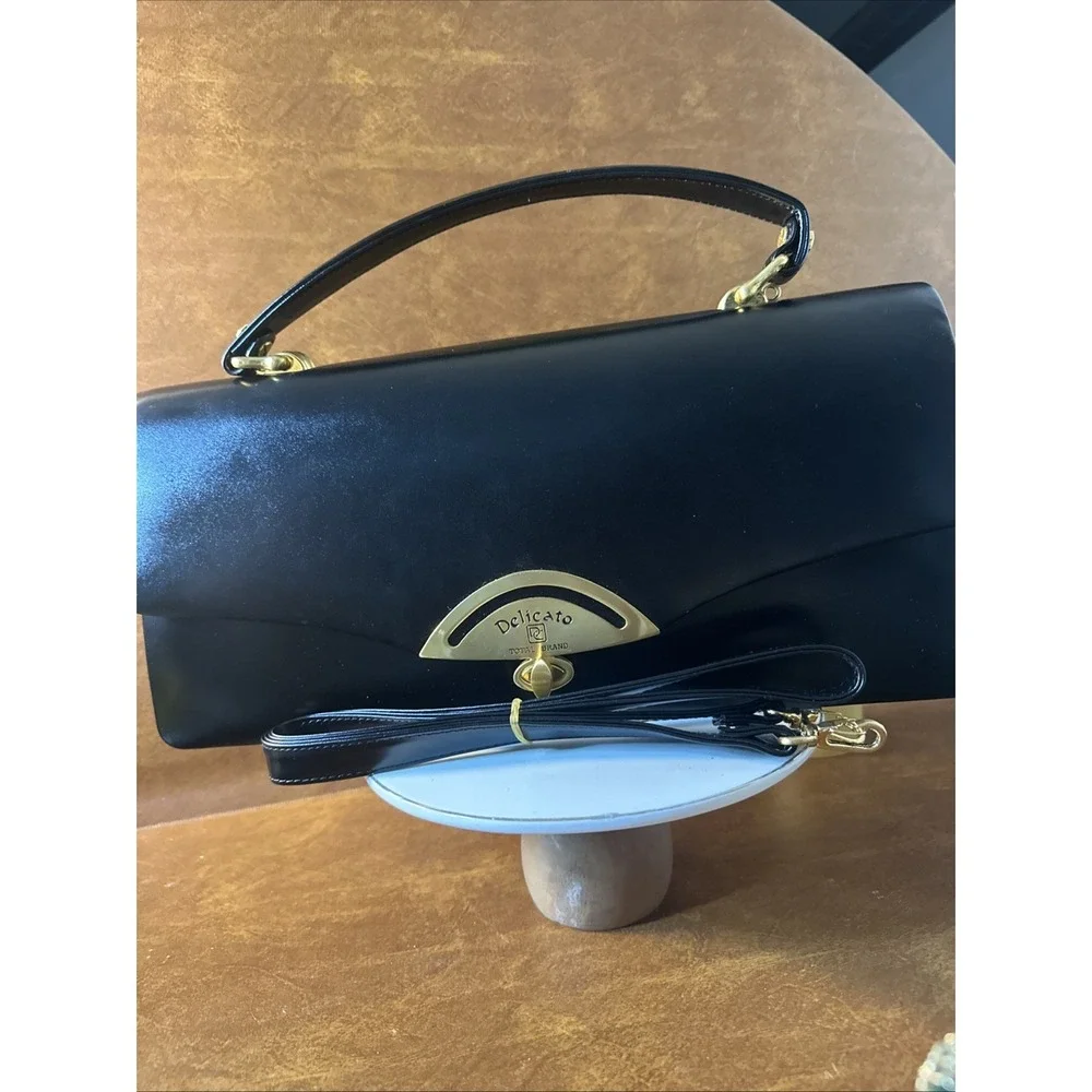 Delicato-Makay Black, Baguette Purse, Black Leather 14X7 Gold Hardware *Read